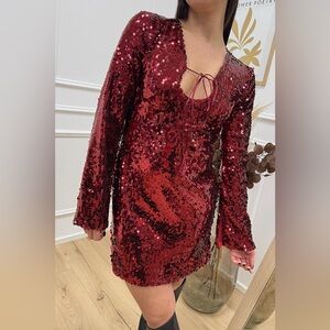 Elodie Burgundy Sequin Long Sleeve Dress